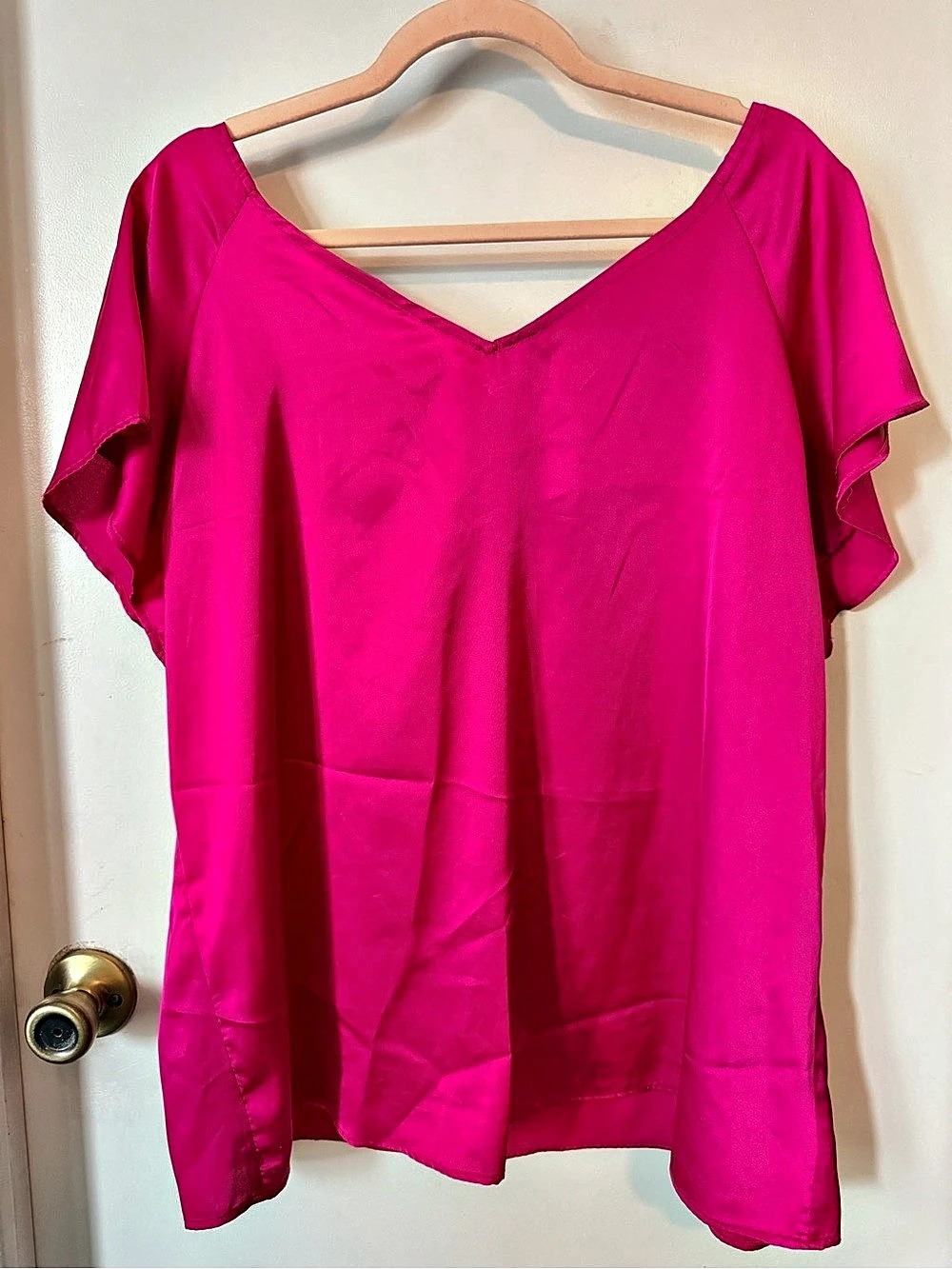 Nine West XL Hot Pink Satin Flutter Sleeve Tie Back Bow Blouse